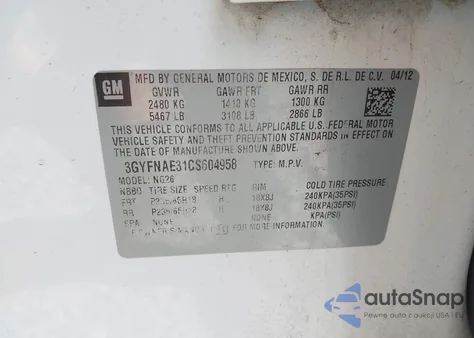 2012 Cadillac Srx Luxury Collection z USA, uszkodzony, nr VIN 3GYFNAE31CS604958